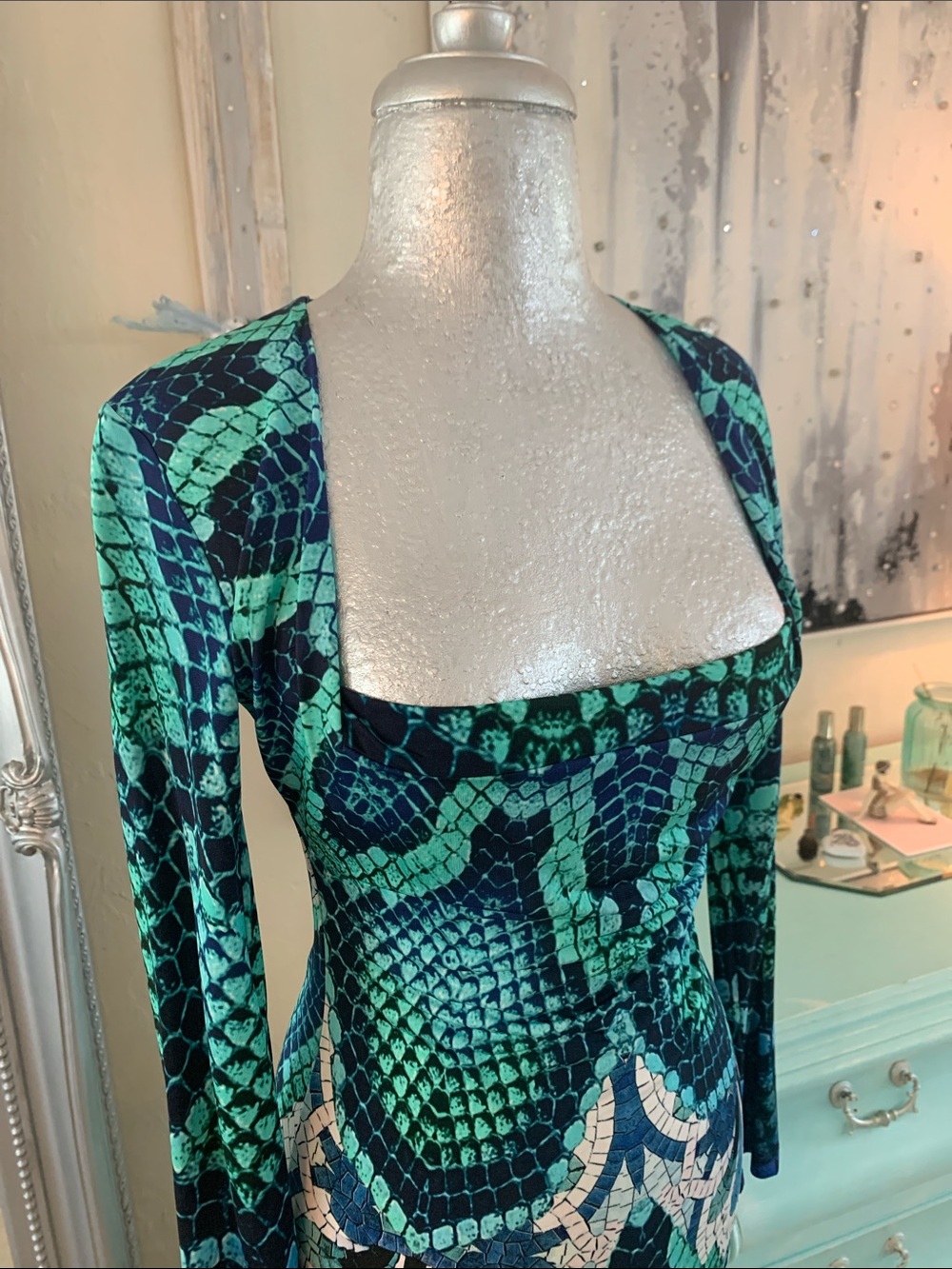 Just Cavalli turquoise and blue long sleeve low-cut girls not out dress. Size sm - Picture 6 of 8